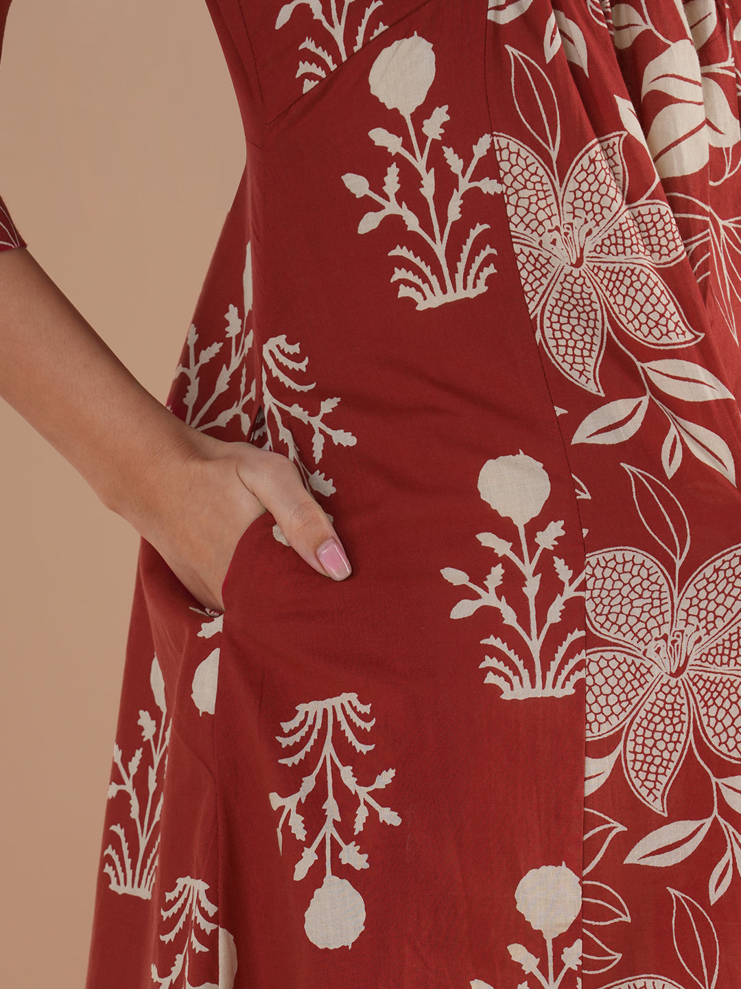 Flared kurta with shaped waist with contrast print gathered panel in centre with bell sleeves