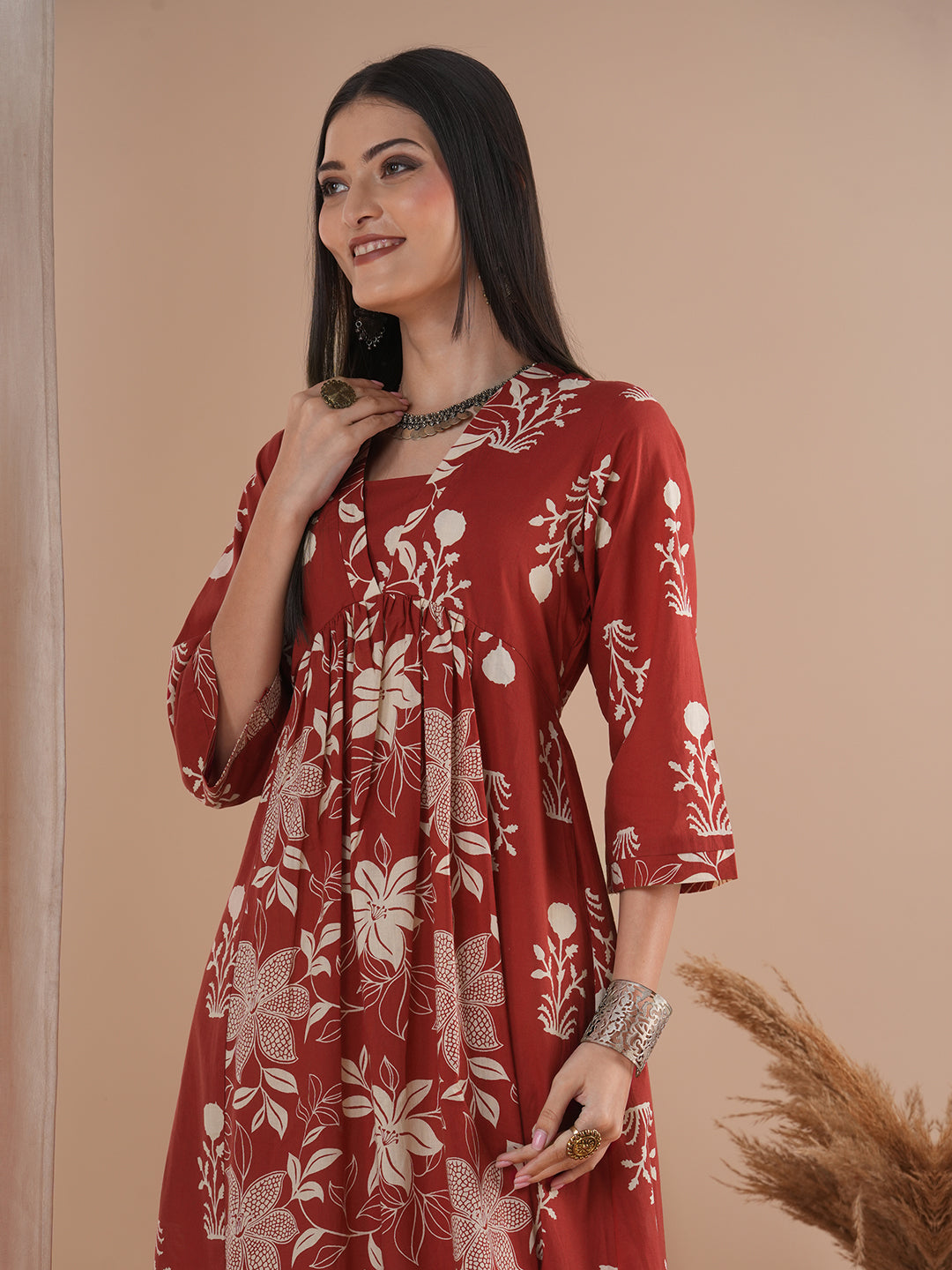 Flared kurta with shaped waist with contrast print gathered panel in centre with bell sleeves