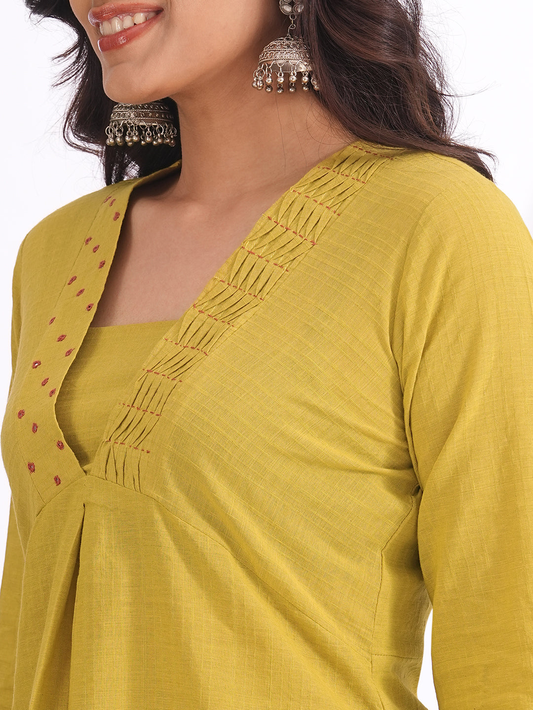 Straight fit kurta with smocking and mirrorwork neckline, shaped waistline with centre box pleat