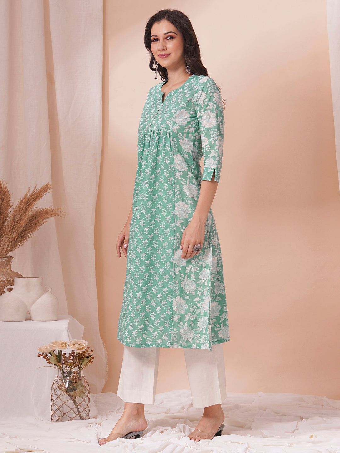 An armhole princess A-line kurta with contrast print centre panels with under bust gathers in the front.