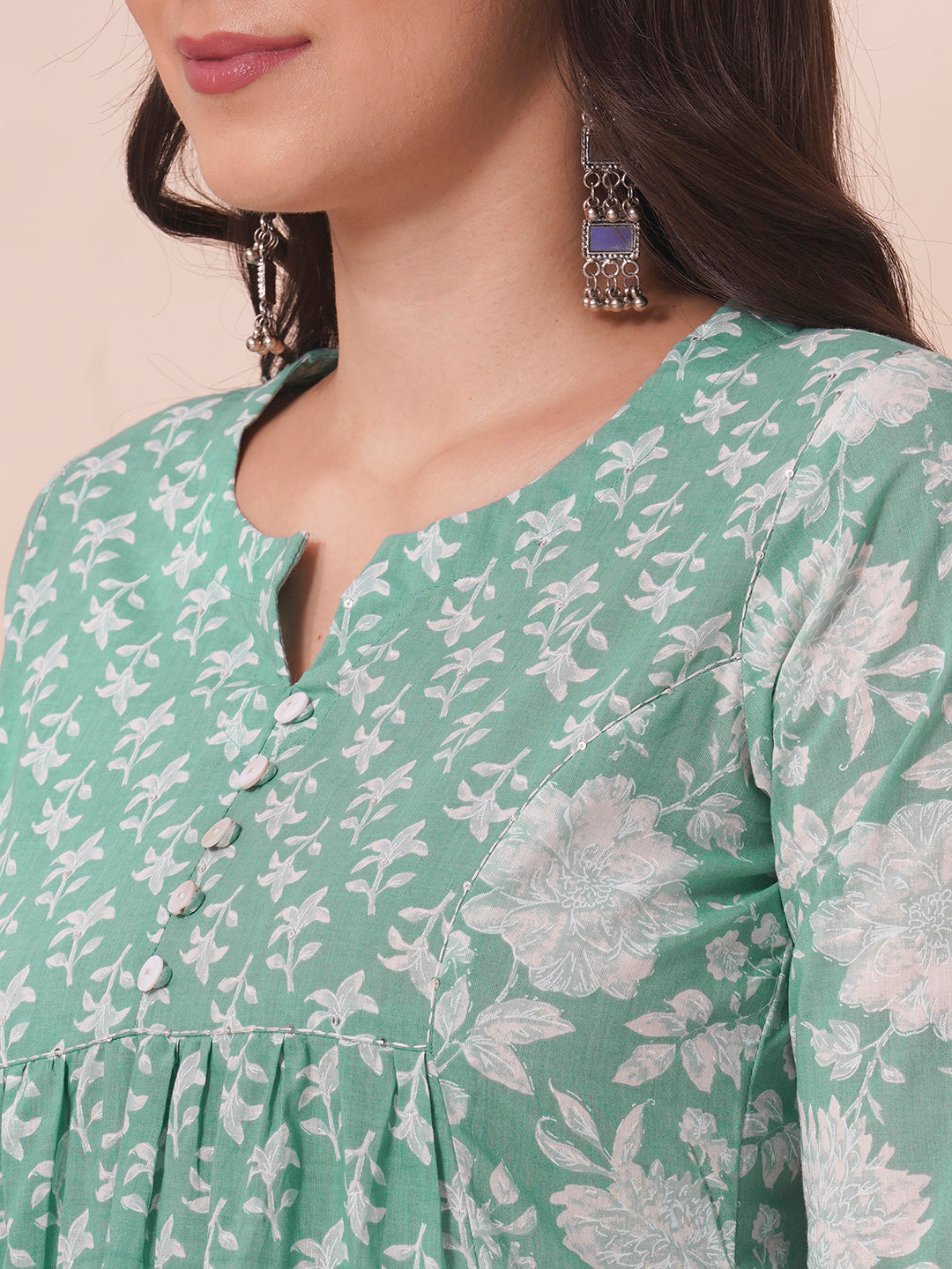 An armhole princess A-line kurta with contrast print centre panels with under bust gathers in the front.