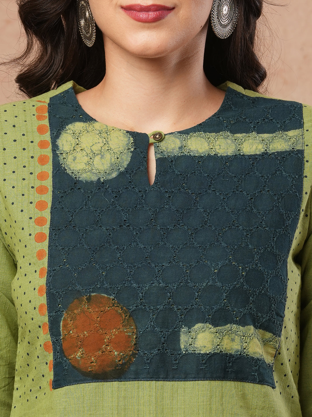 Straight fit kurta with borar fabric asymmetrical yoke and block print.