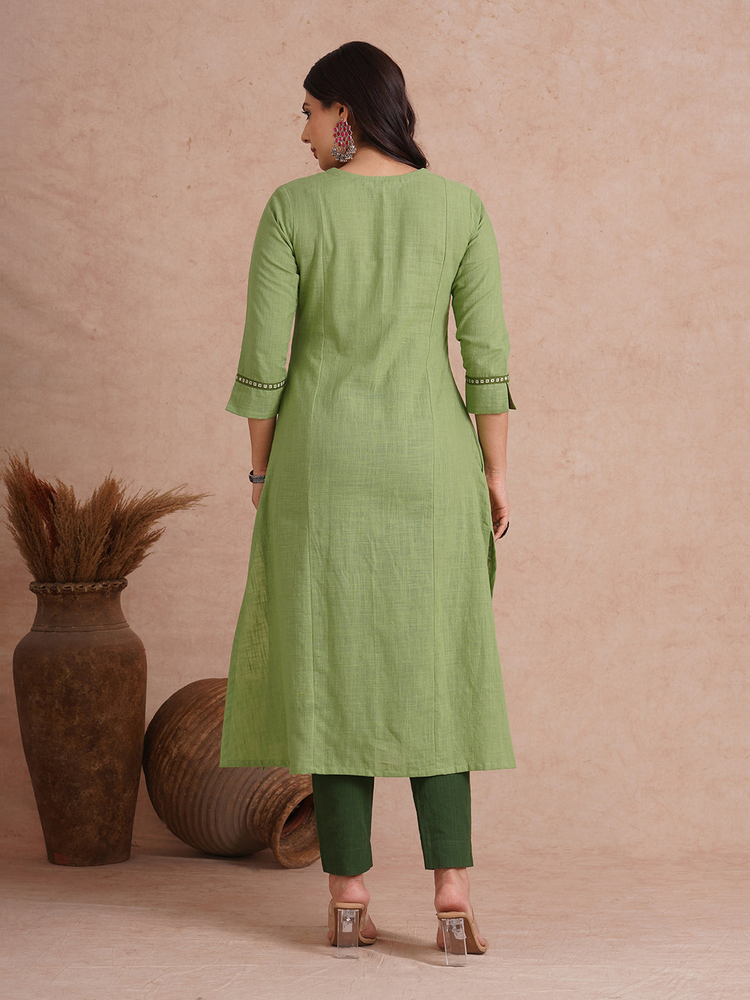 A-line kurta with contrast borders on seams and sleeves with block printed yoke.