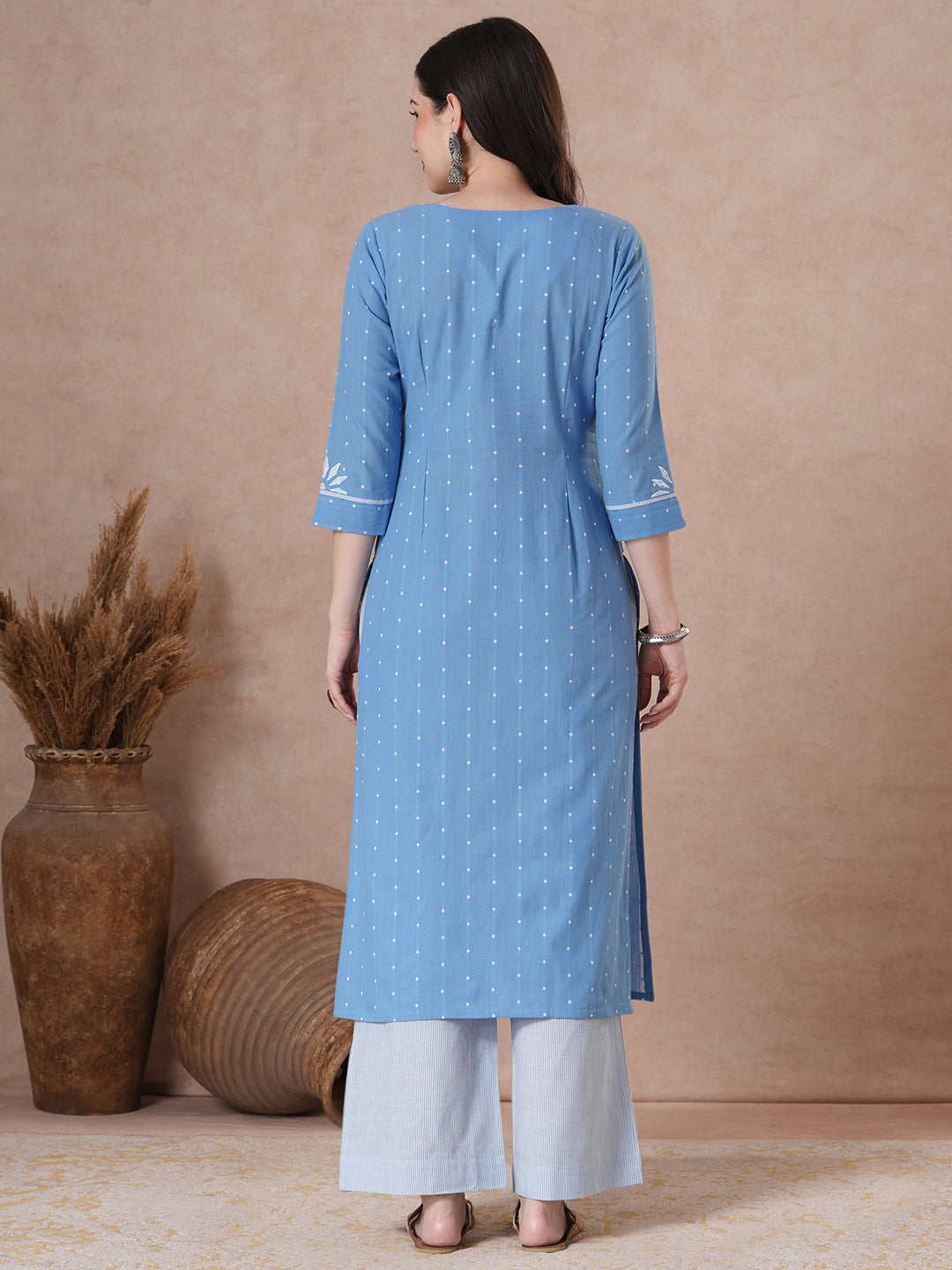 Block Print Yoke Straight Cotton Kurta with Striped Piping and Fine Handwork Embellishment