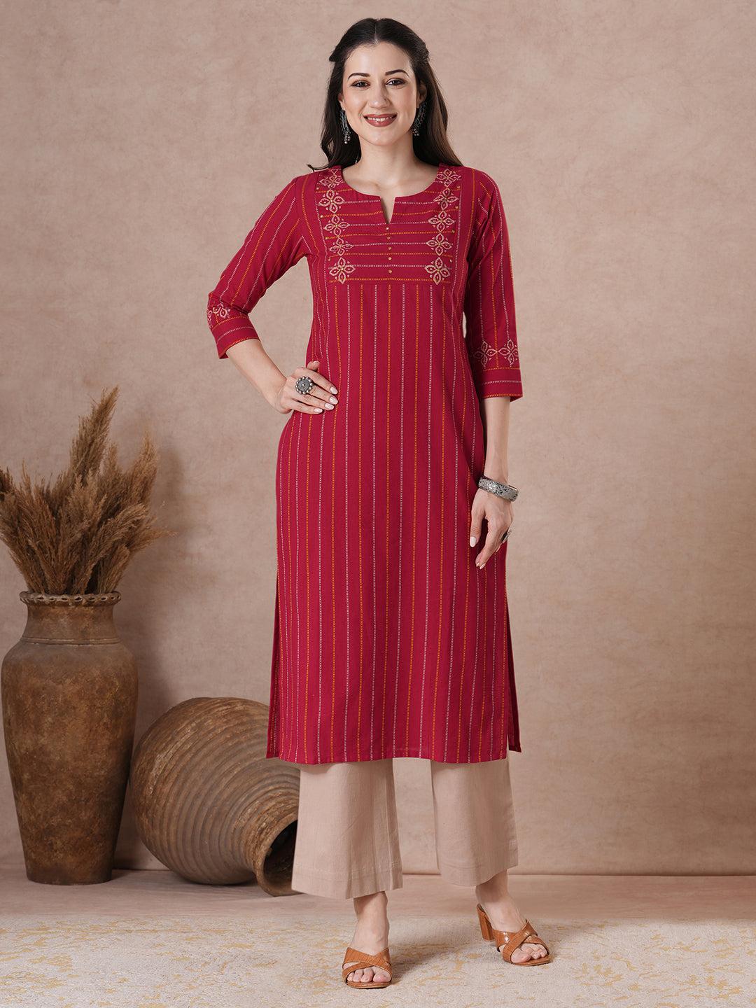 Striped Dobby Block Print Kurta with Mirror Work.