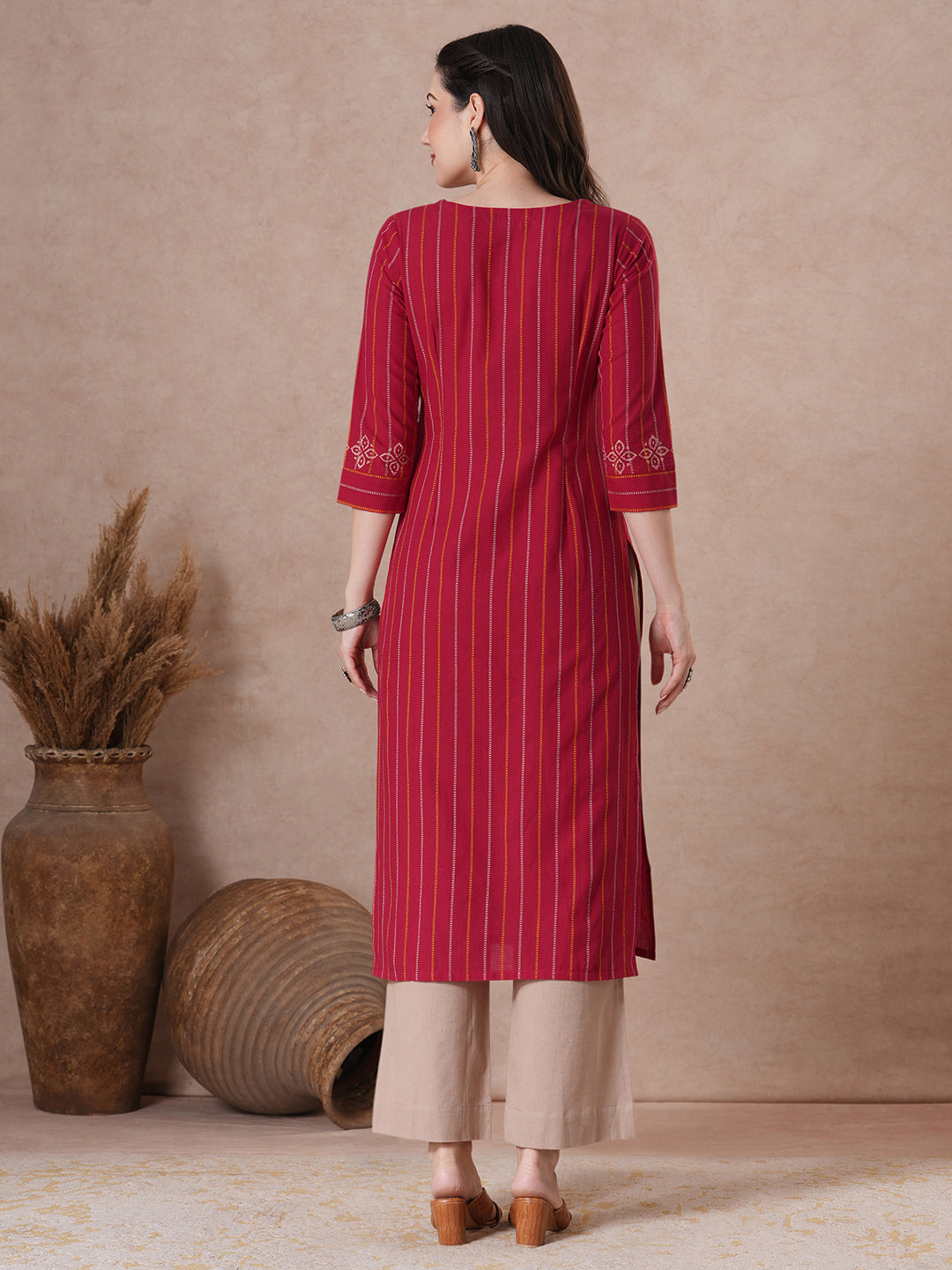 Striped Dobby Block Print Kurta with Mirror Work.