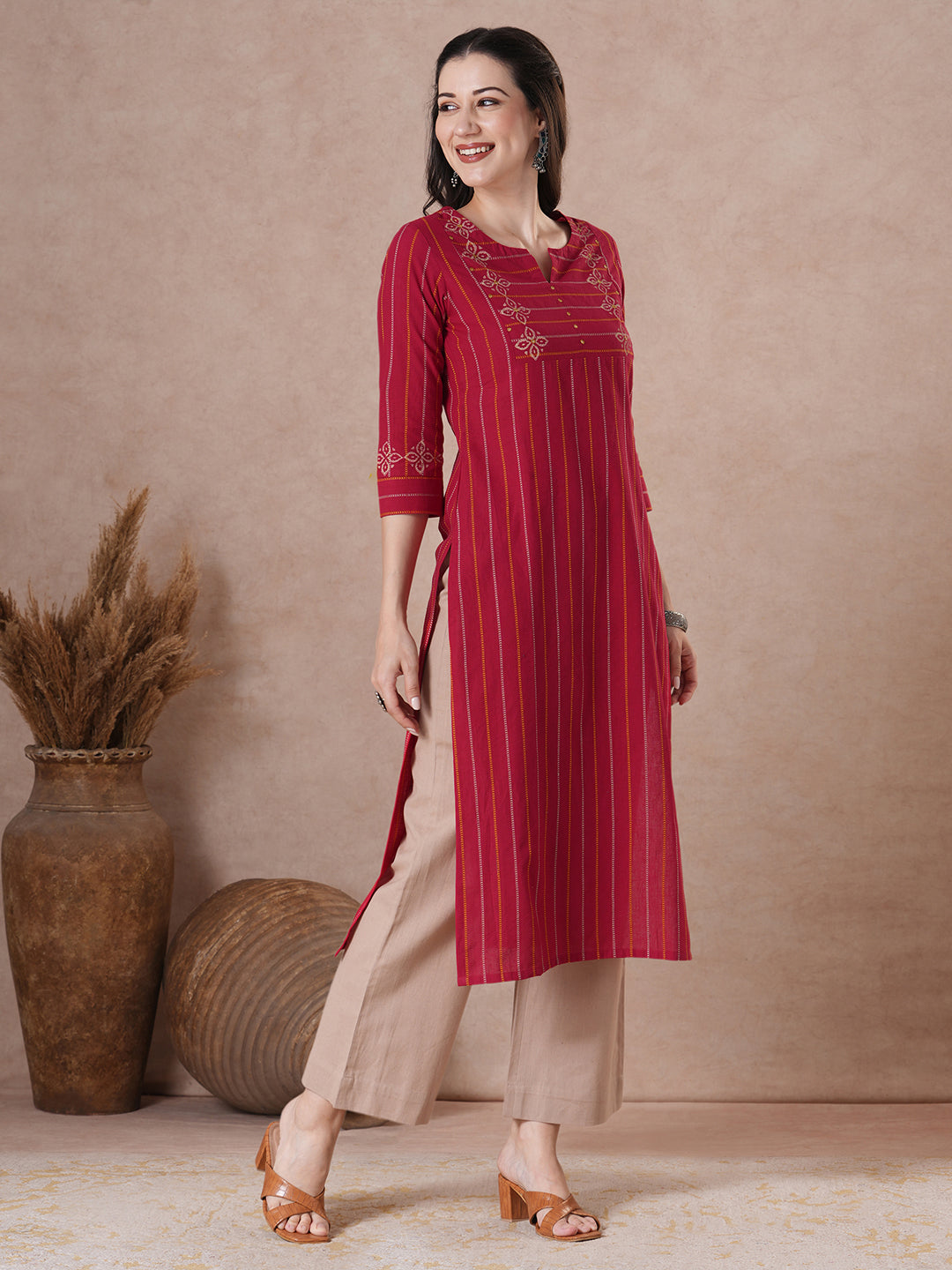 Striped Dobby Block Print Kurta with Mirror Work.