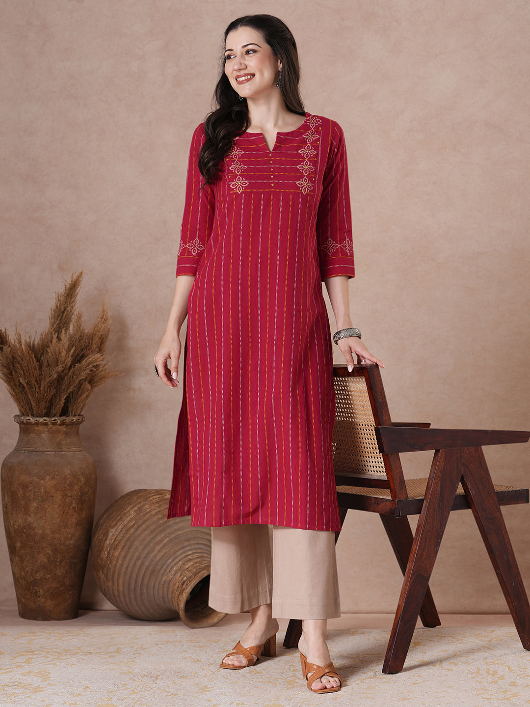 Striped Dobby Block Print Kurta with Mirror Work.