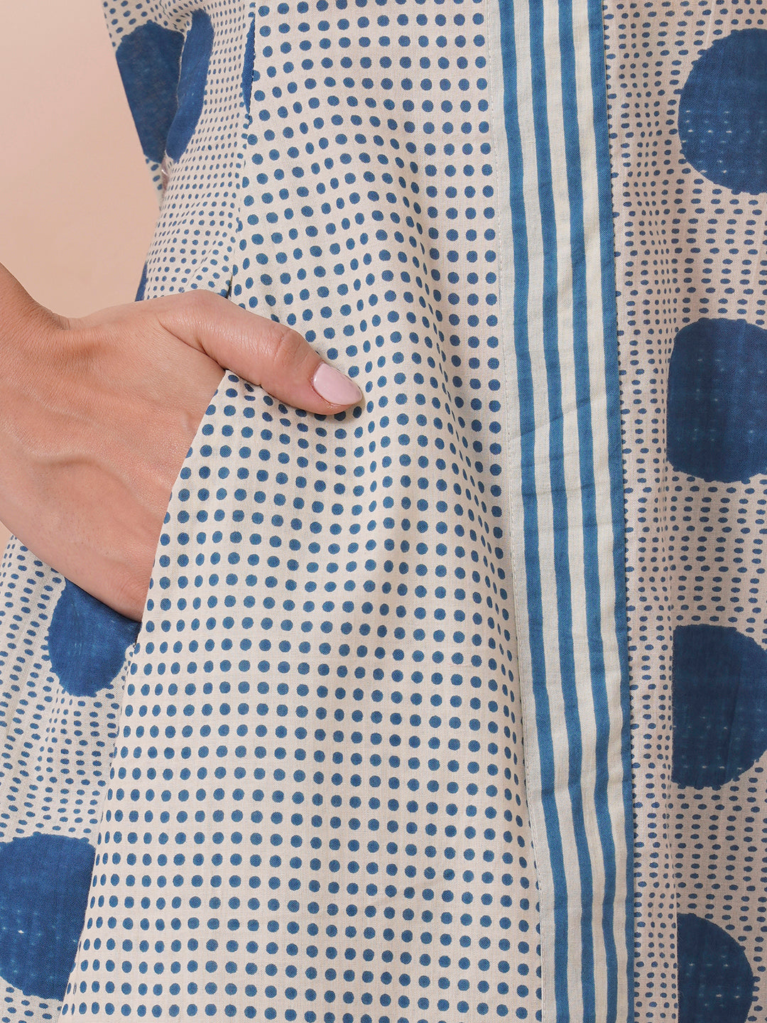 A-line print mix-match kurta with button detailing and bell sleeves.