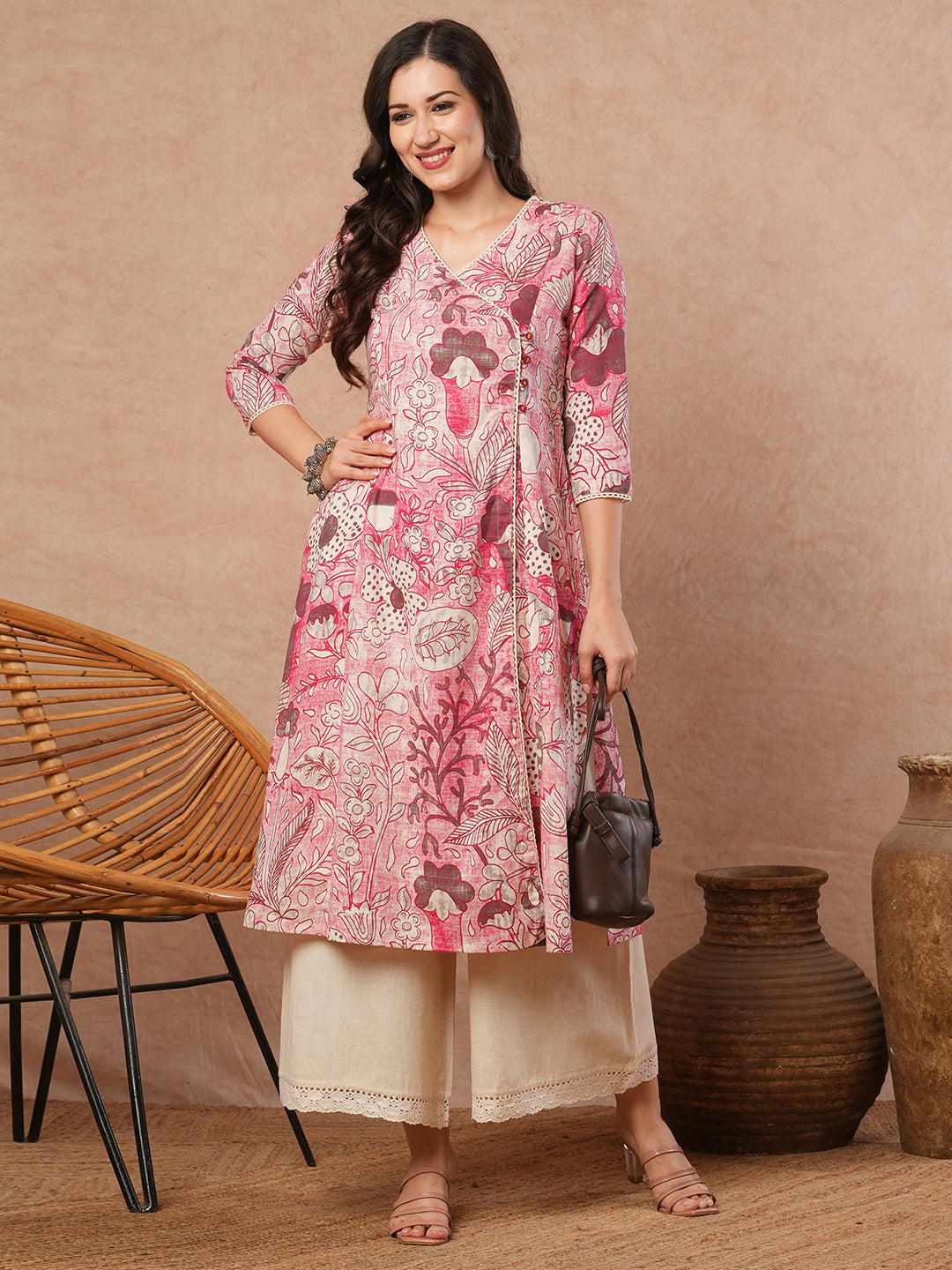 Printed A-line wrap around kurta with lace detailing.