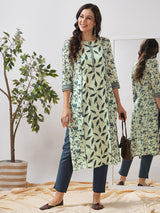 Straight fit shoulder princess kurta with piping between the seams and placket.