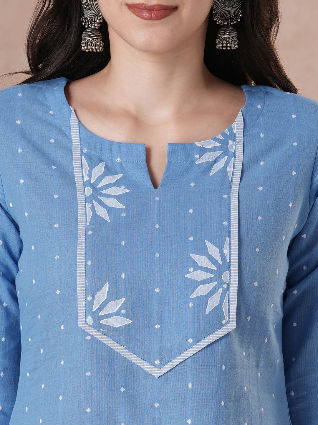 JOYLAND - Straight fit cotton kurta with a shaped block printed yoke and striped piping detail, paired with striped palazzo