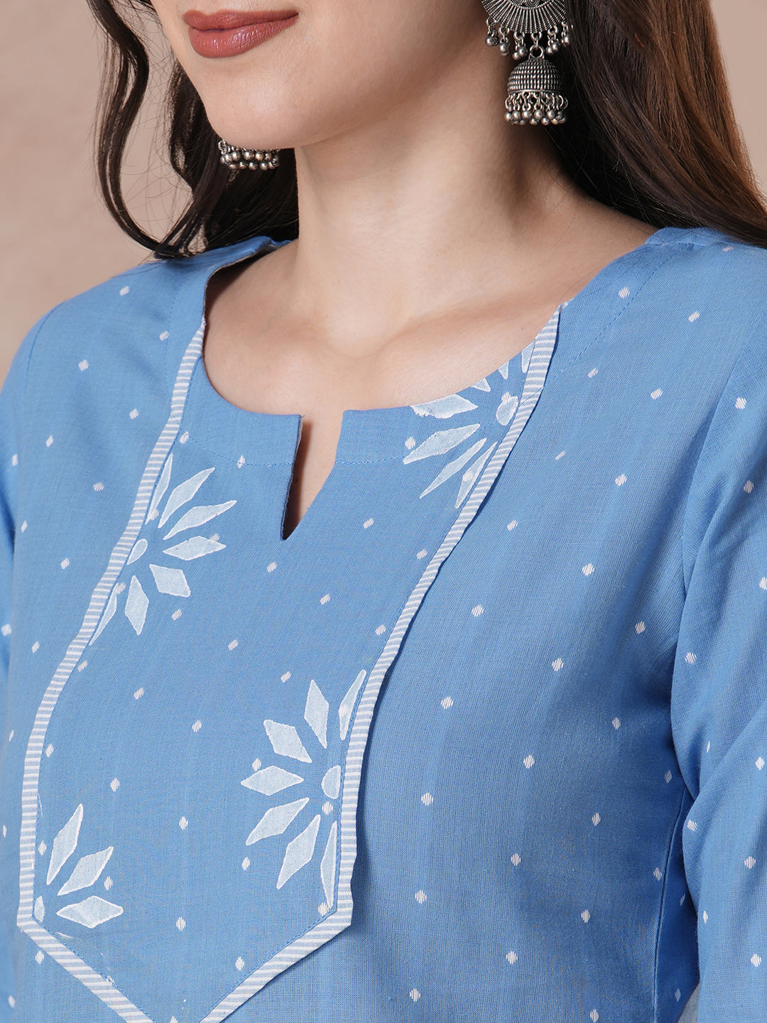 JOYLAND - Straight fit cotton kurta with a shaped block printed yoke and striped piping detail, paired with striped palazzo