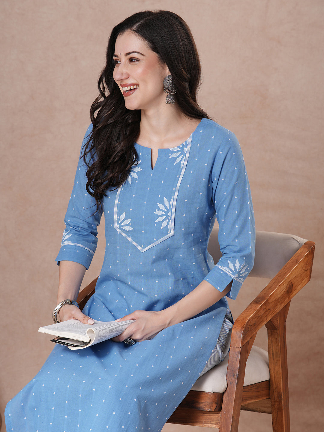 JOYLAND - Straight fit cotton kurta with a shaped block printed yoke and striped piping detail, paired with striped palazzo