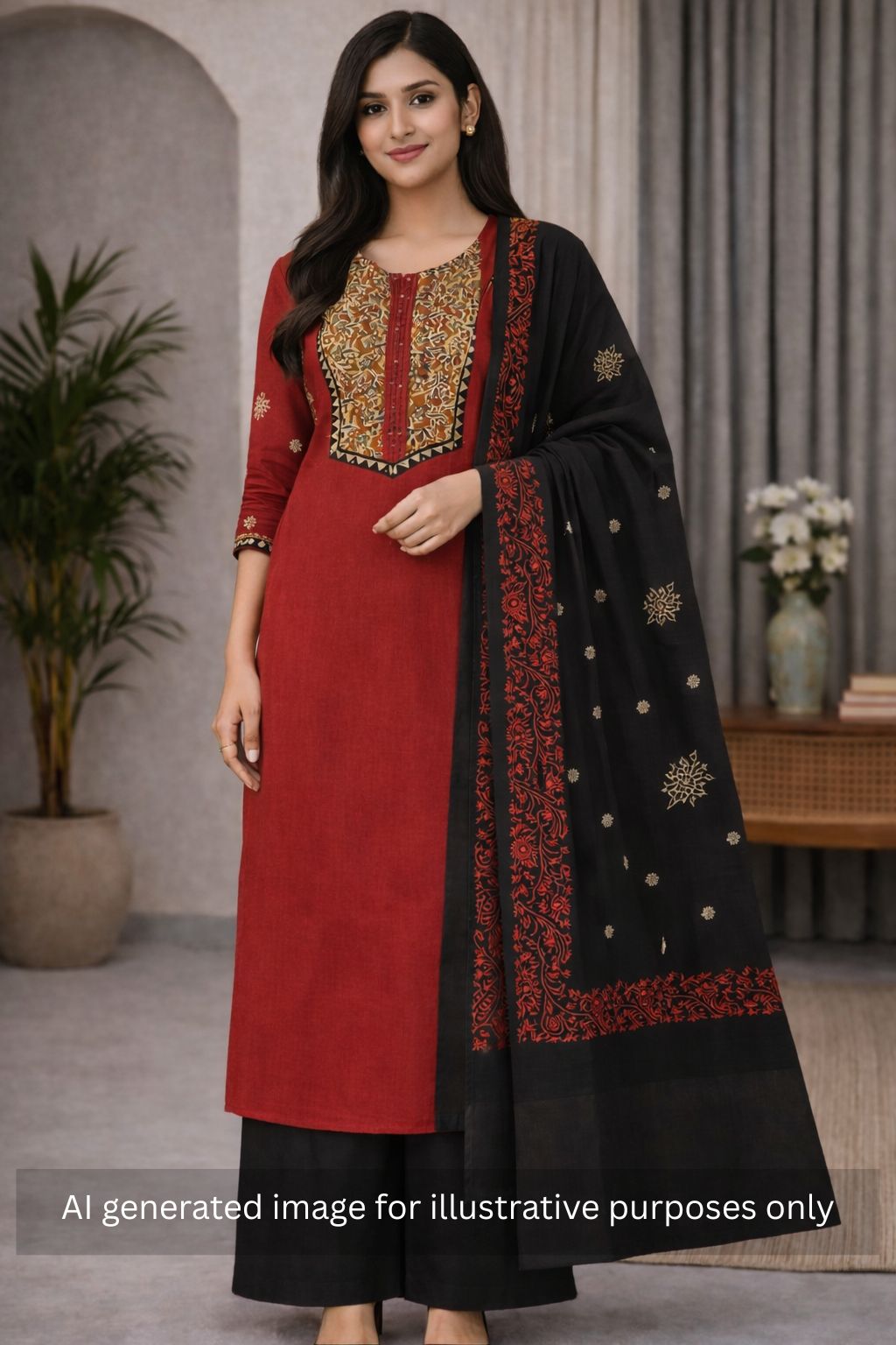 3-piece unstitched set with intricate floral patterns, paired with a contrasting black dupatta & plain bottom.(Maroon)