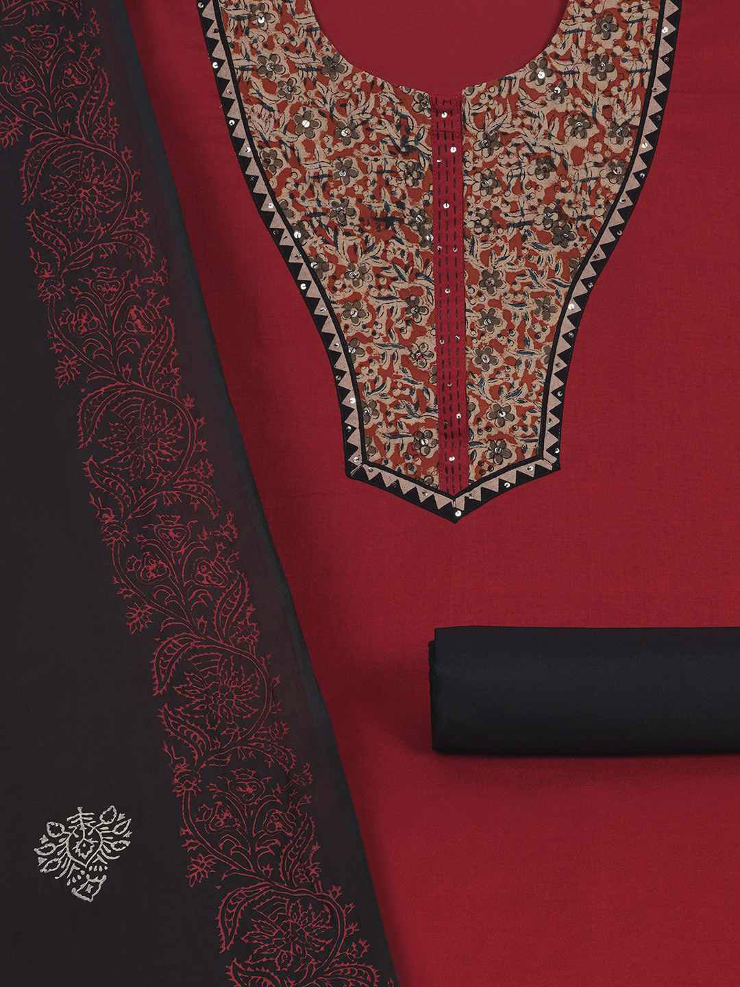 3-piece unstitched set with intricate floral patterns, paired with a contrasting black dupatta & plain bottom.(Maroon)
