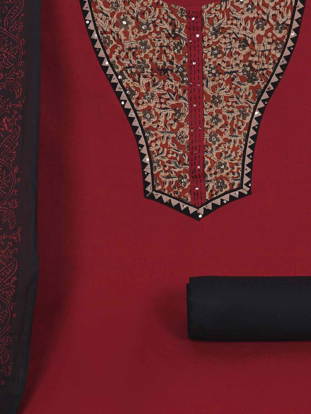 3-piece unstitched set with intricate floral patterns, paired with a contrasting black dupatta & plain bottom.(Maroon)