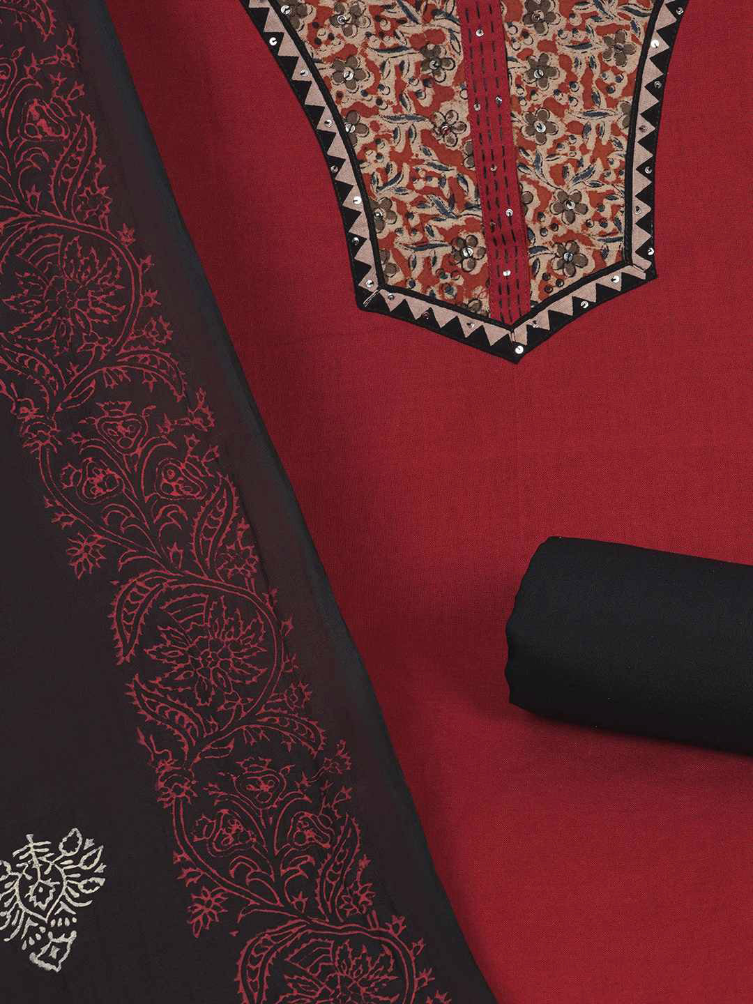 3-piece unstitched set with intricate floral patterns, paired with a contrasting black dupatta & plain bottom.(Maroon)
