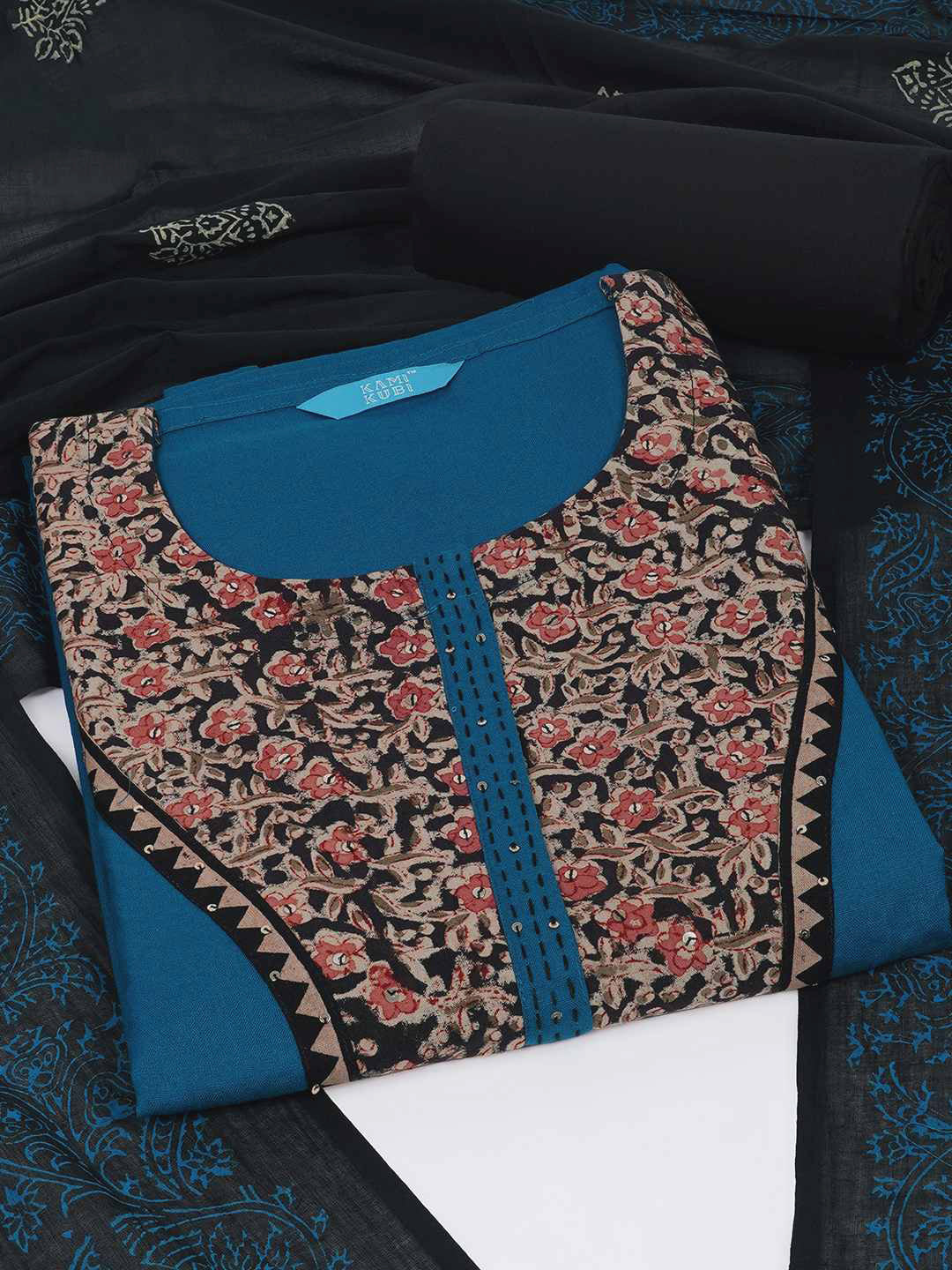 3-piece unstitched set with intricate floral patterns, paired with a contrasting black dupatta & plain bottom.(Blue)