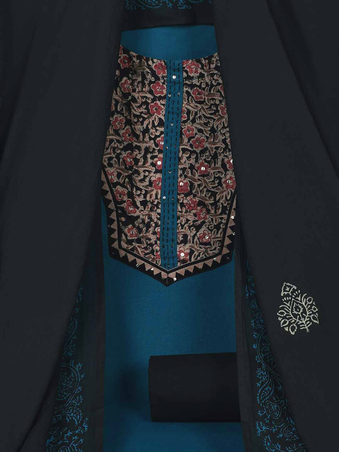 3-piece unstitched set with intricate floral patterns, paired with a contrasting black dupatta & plain bottom.(Blue)