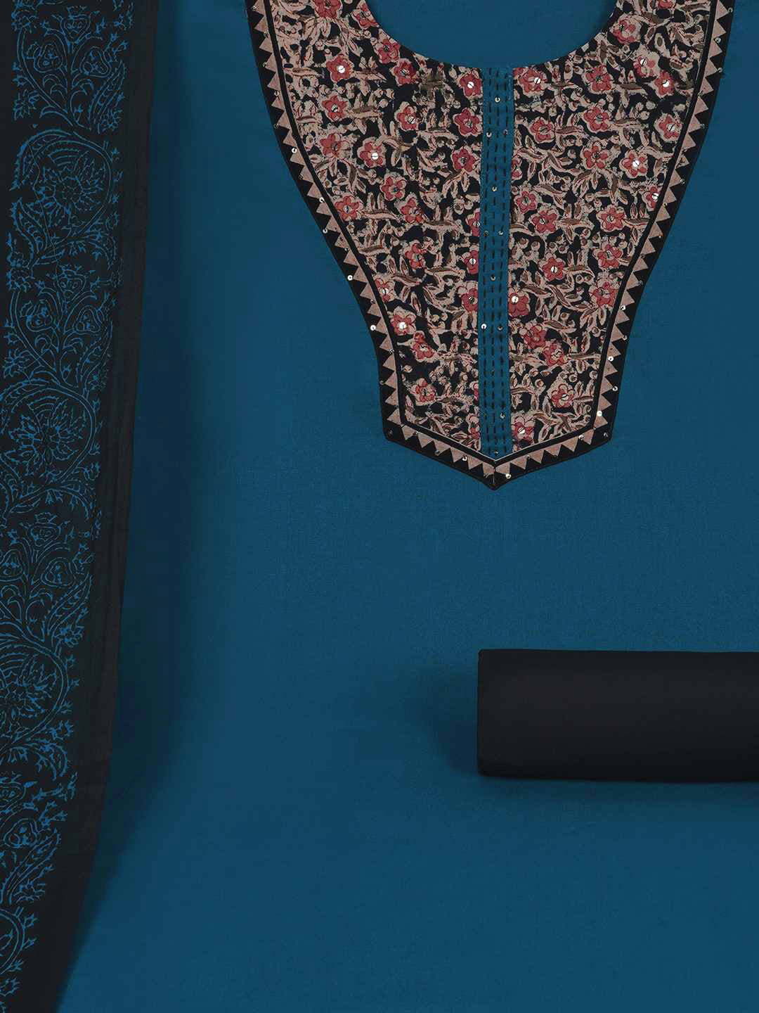 3-piece unstitched set with intricate floral patterns, paired with a contrasting black dupatta & plain bottom.(Blue)