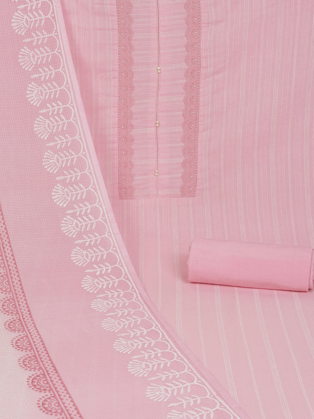 A light pink unstitched suit set with intricate top paired with plain bottom and Kota doria dupatta.