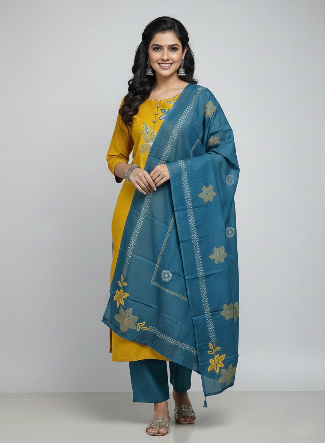 3-piece Floral block-printed suit set with machine highlight details.(Yellow)