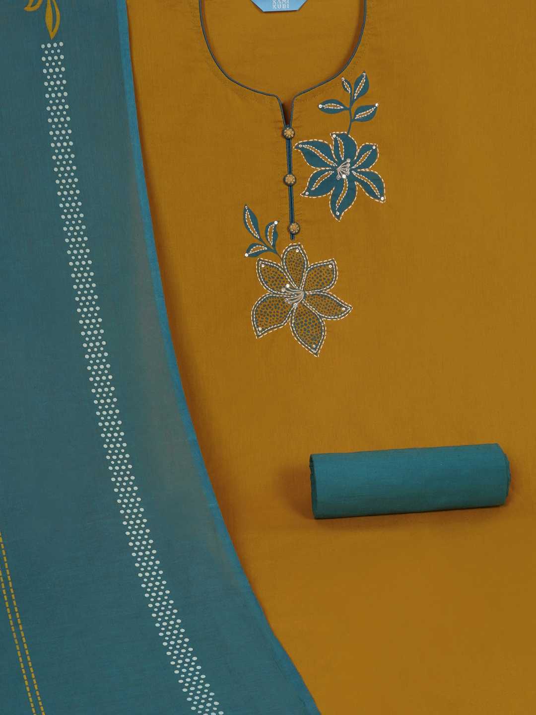 3-piece Floral block-printed unstitched suit set with machine highlight details.(Yellow)