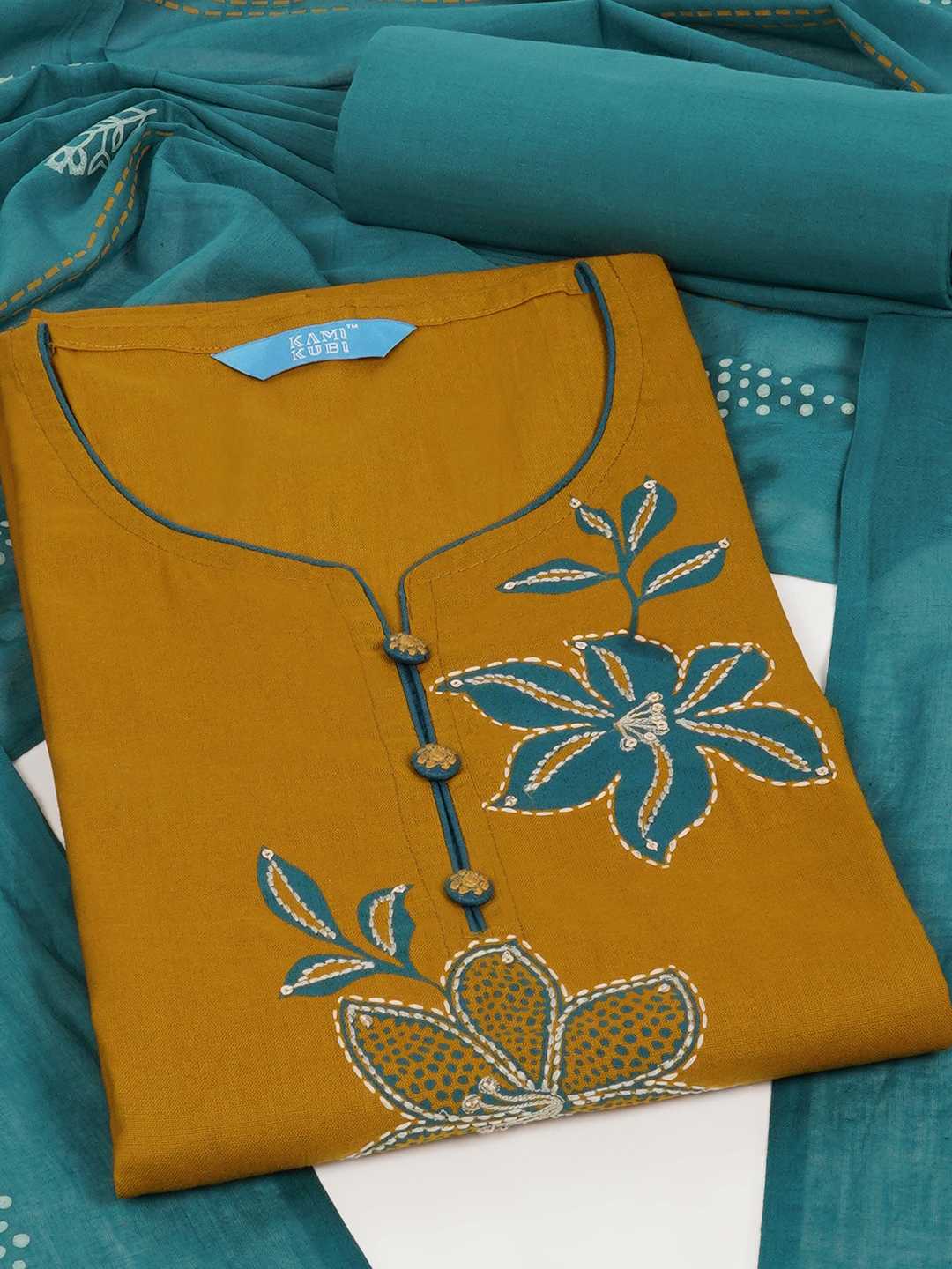 3-piece Floral block-printed unstitched suit set with machine highlight details.(Yellow)