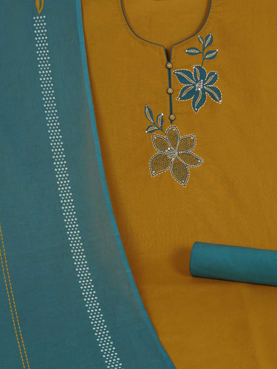 3-piece Floral block-printed unstitched suit set with machine highlight details.(Yellow)