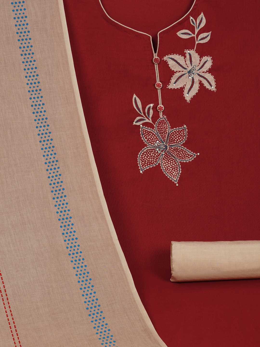 3-piece Floral block-printed suit set with machine highlight details.(Maroon)