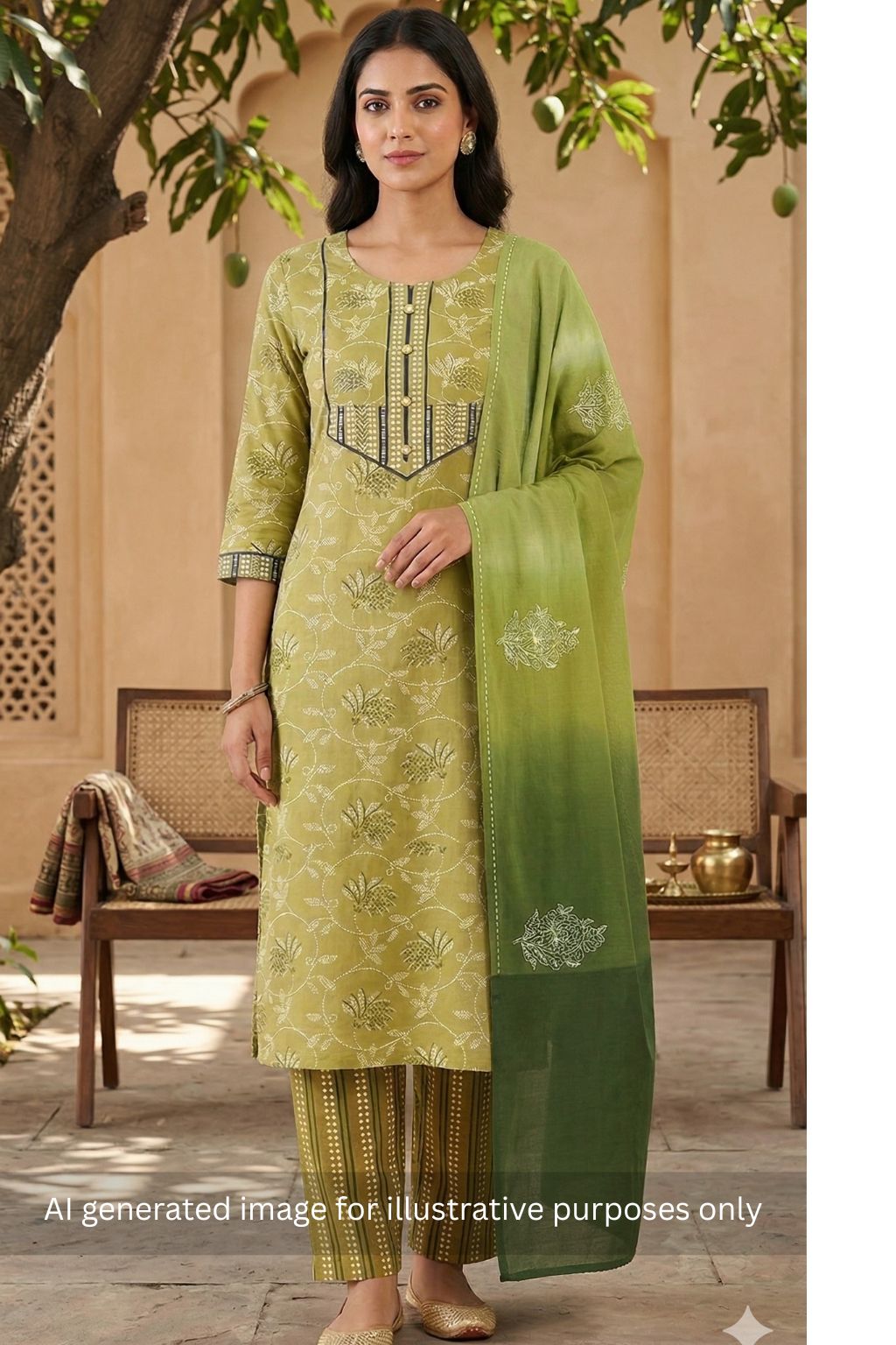 Unstitched suit set paired with printed bottoms and a beautifully block-printed mul dupatta.(Green)