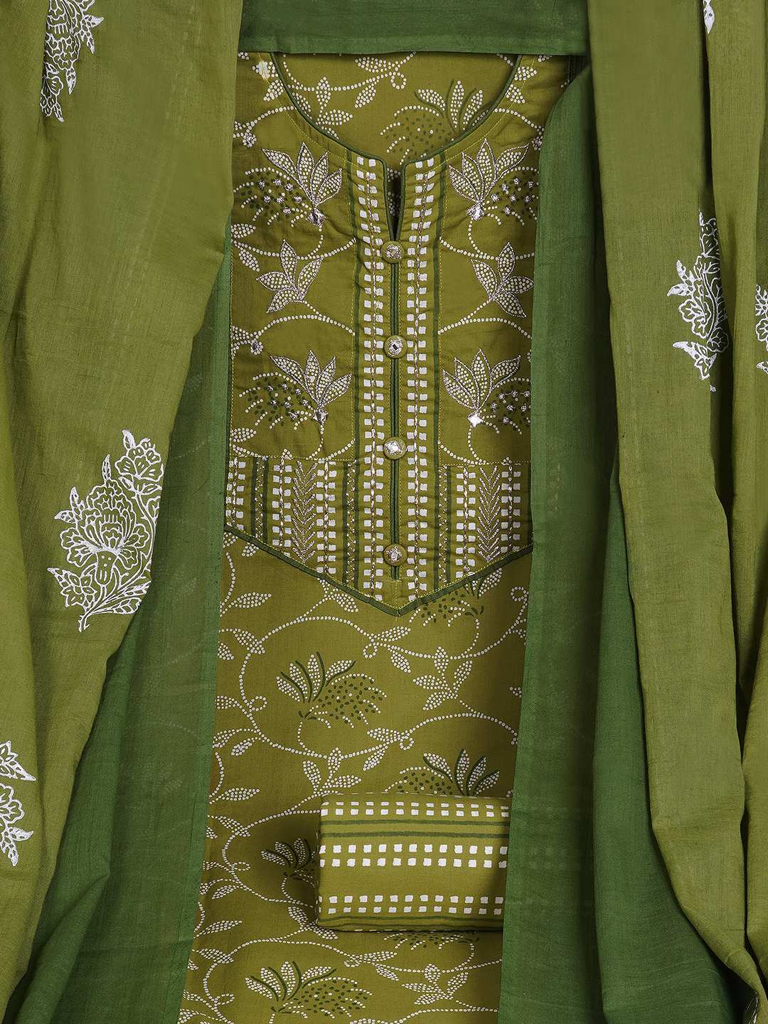 3-piece printed kurta set paired with printed bottoms and a beautifully block-printed mul dupatta.(Green)