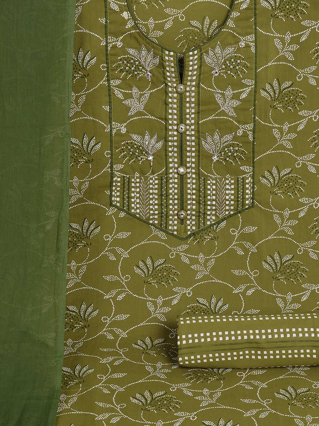 3-piece printed kurta set paired with printed bottoms and a beautifully block-printed mul dupatta.(Green)