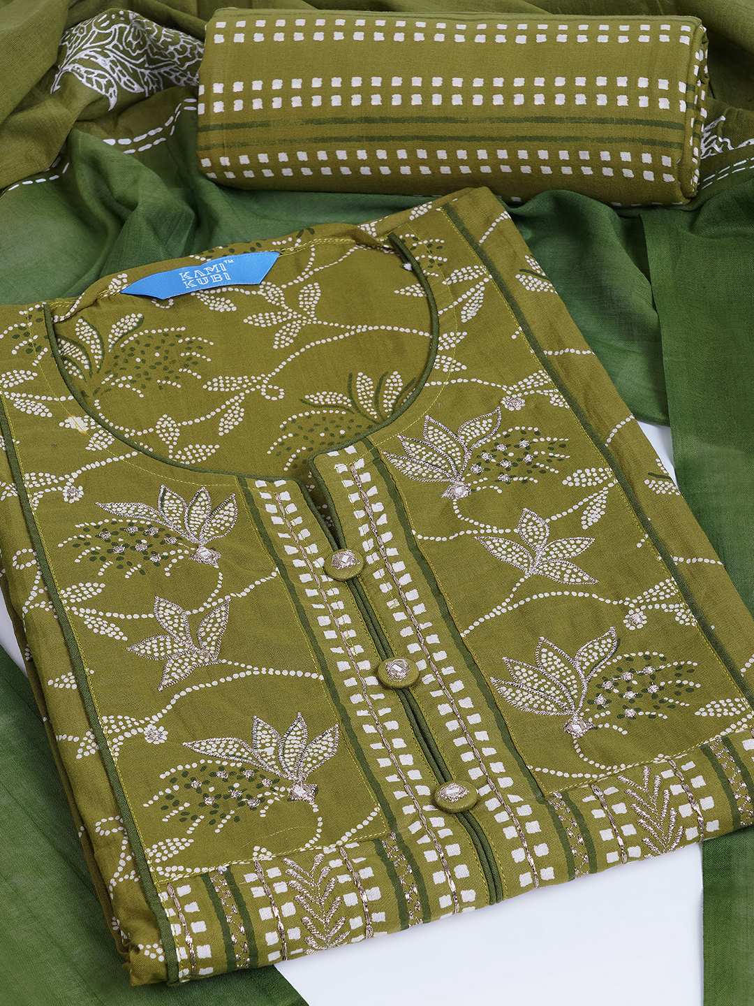 3-piece printed kurta set paired with printed bottoms and a beautifully block-printed mul dupatta.(Green)