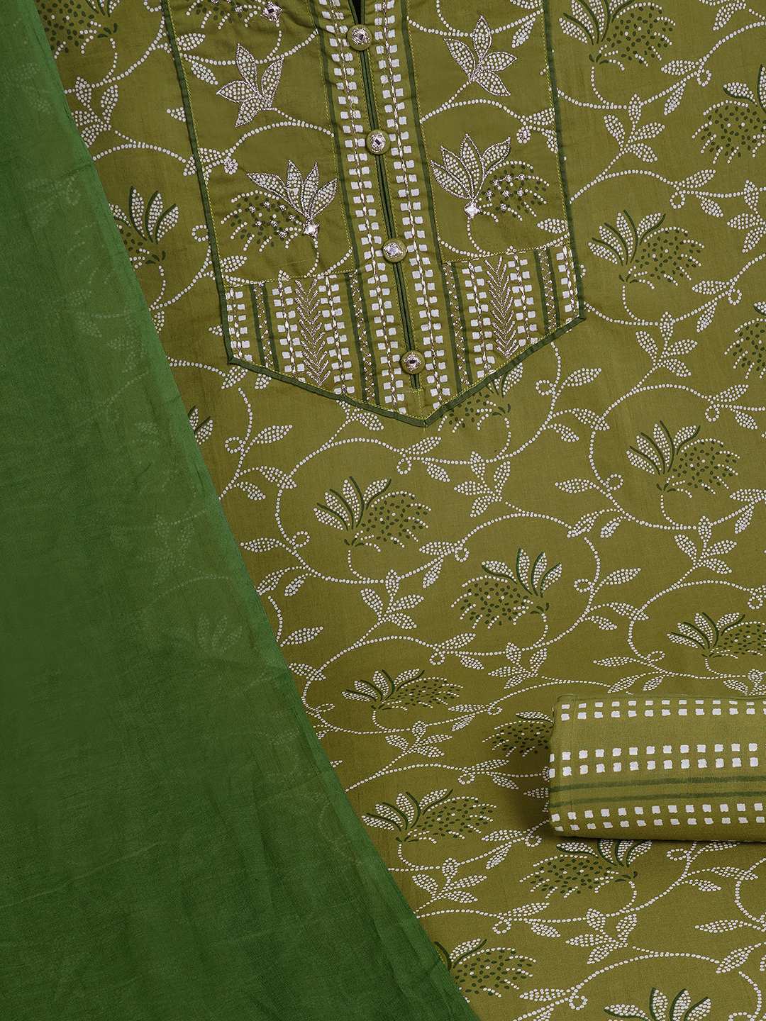 3-piece printed kurta set paired with printed bottoms and a beautifully block-printed mul dupatta.(Green)