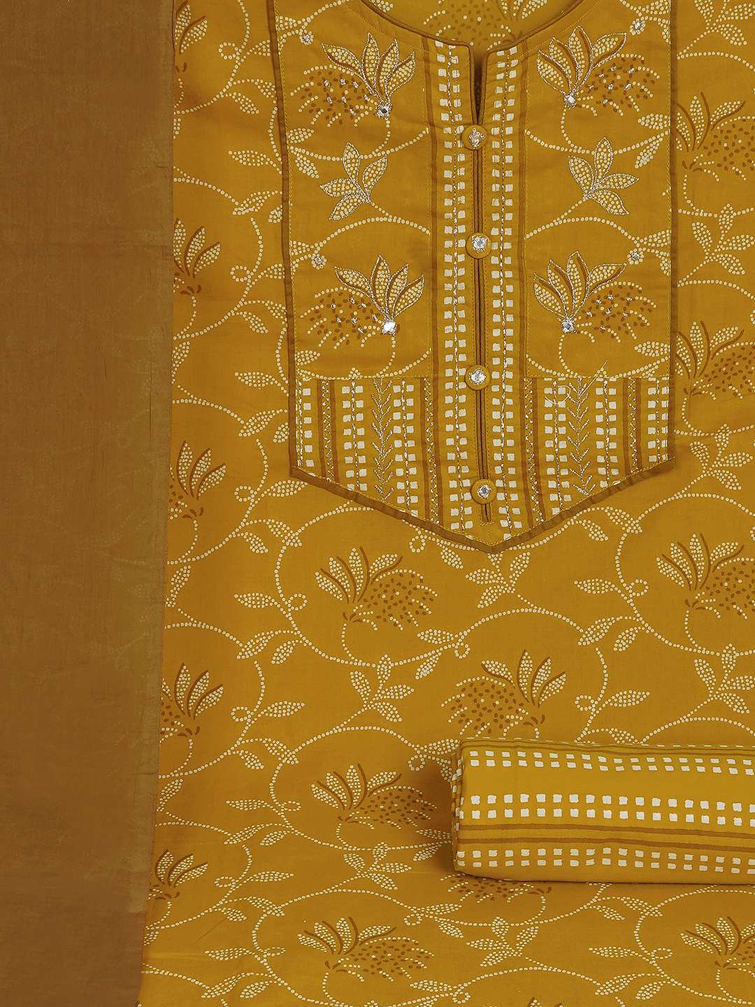 3-piece printed kurta set paired with printed bottoms and a beautifully block-printed mul dupatta.(Yellow)