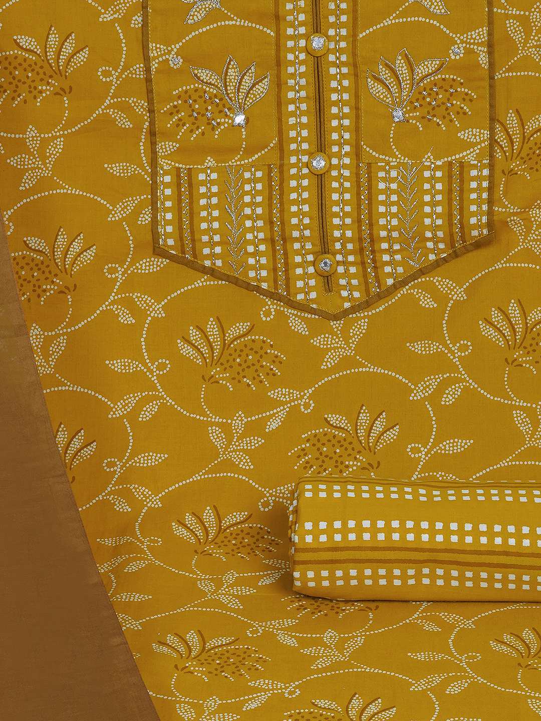 3-piece printed kurta set paired with printed bottoms and a beautifully block-printed mul dupatta.(Yellow)
