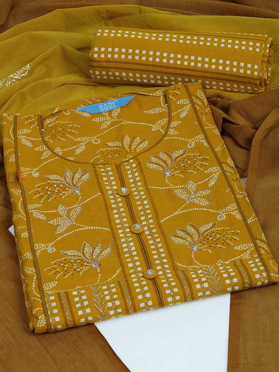 3-piece printed kurta set paired with printed bottoms and a beautifully block-printed mul dupatta.(Yellow)