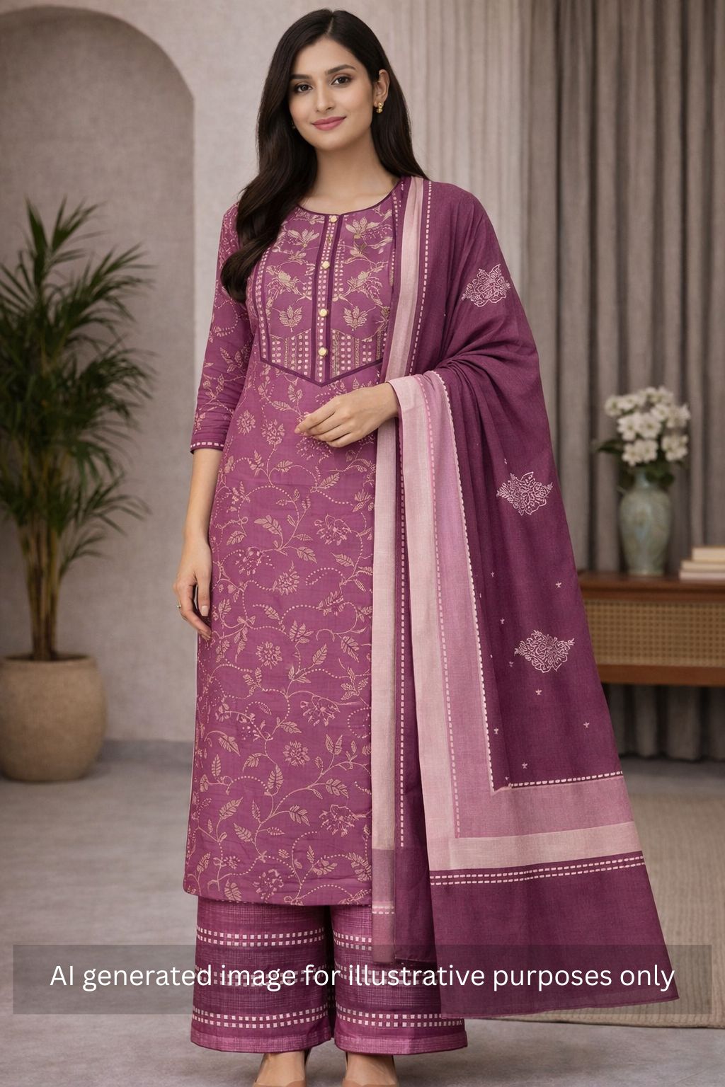 Unstitched suit paired with printed bottoms and a beautifully block-printed mul dupatta.(Purple)