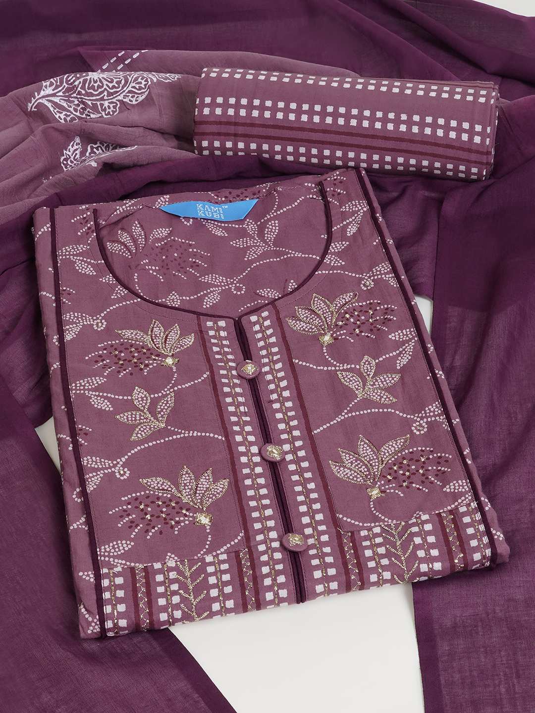 3-piece printed kurta set paired with printed bottoms and a beautifully block-printed mul dupatta.(Purple)