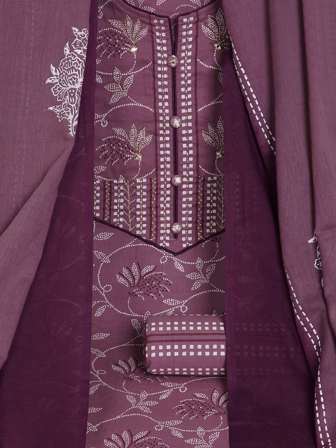 3-piece printed kurta set paired with printed bottoms and a beautifully block-printed mul dupatta.(Purple)