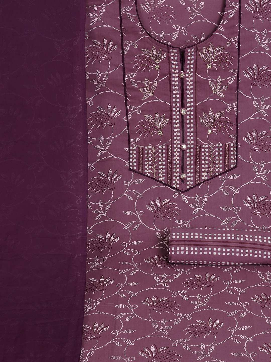 3-piece printed kurta set paired with printed bottoms and a beautifully block-printed mul dupatta.(Purple)