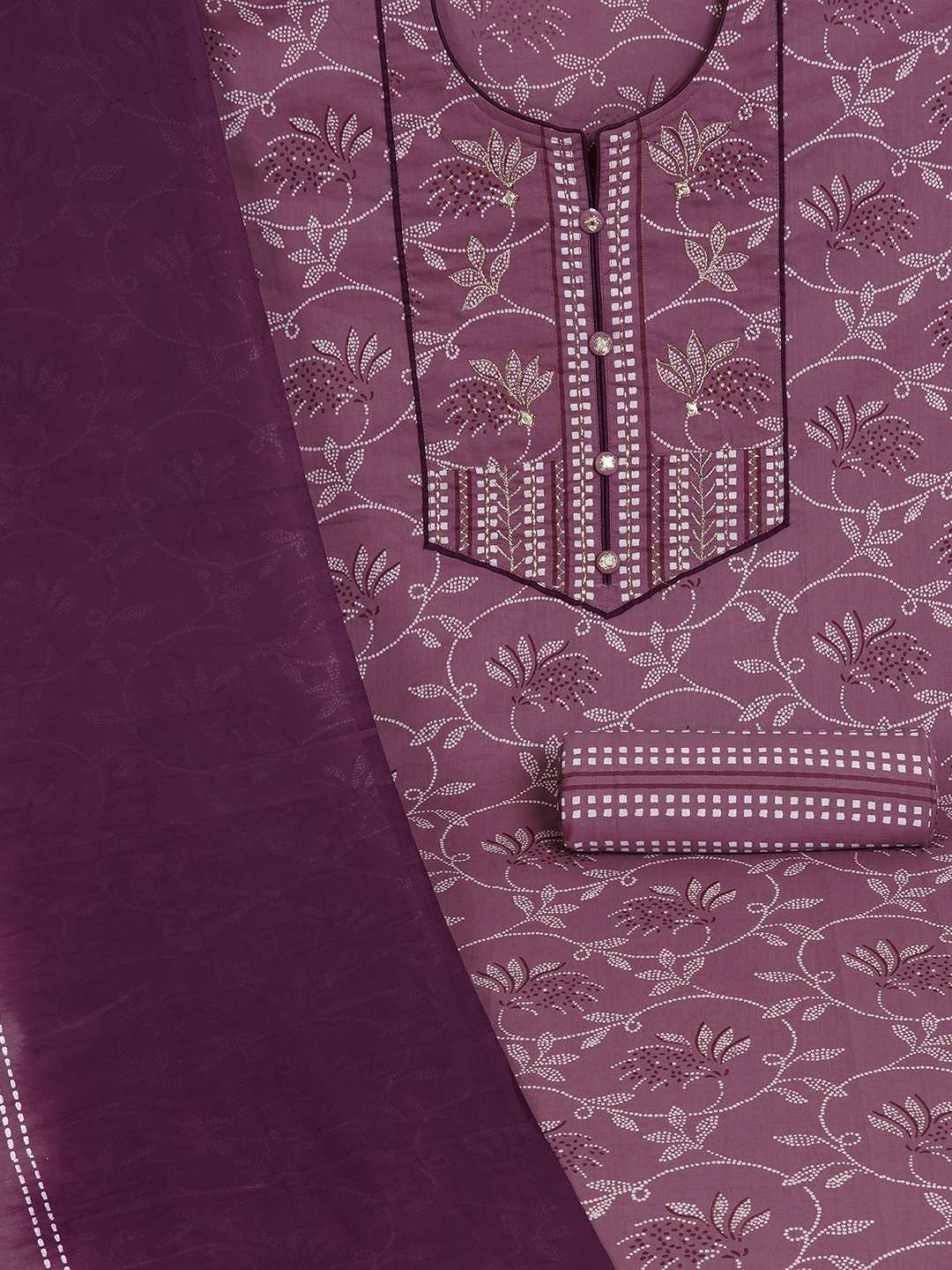 3-piece printed kurta set paired with printed bottoms and a beautifully block-printed mul dupatta.(Purple)