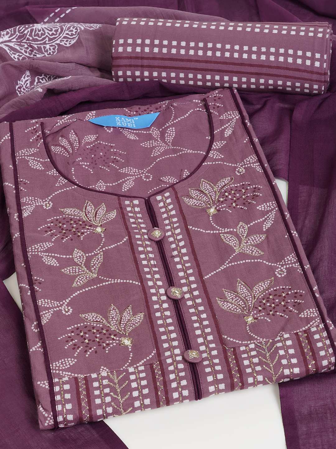 3-piece printed kurta set paired with printed bottoms and a beautifully block-printed mul dupatta.(Purple)