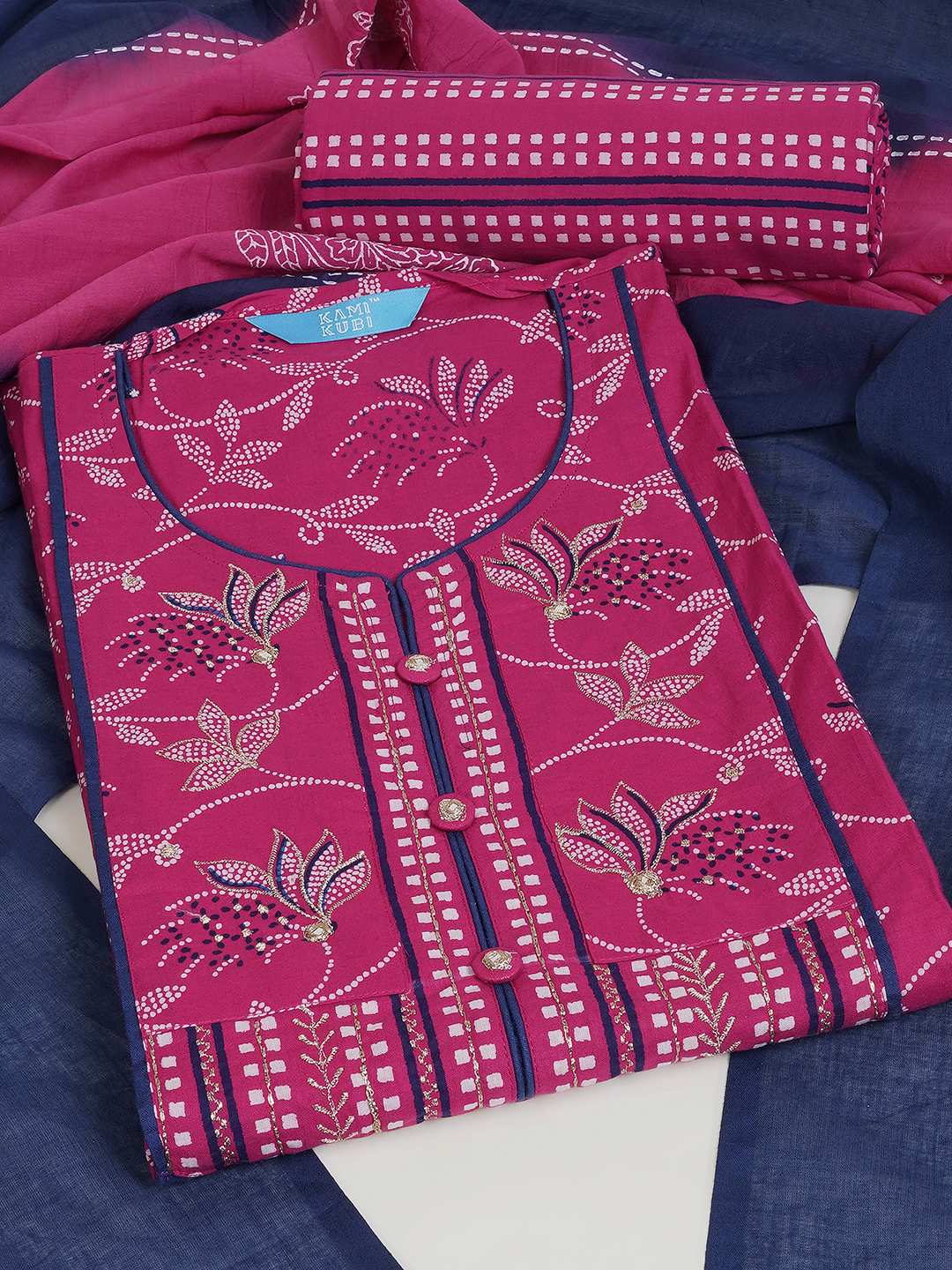 3-piece printed kurta set paired with printed bottoms and a beautifully block-printed mul dupatta.(Pink)