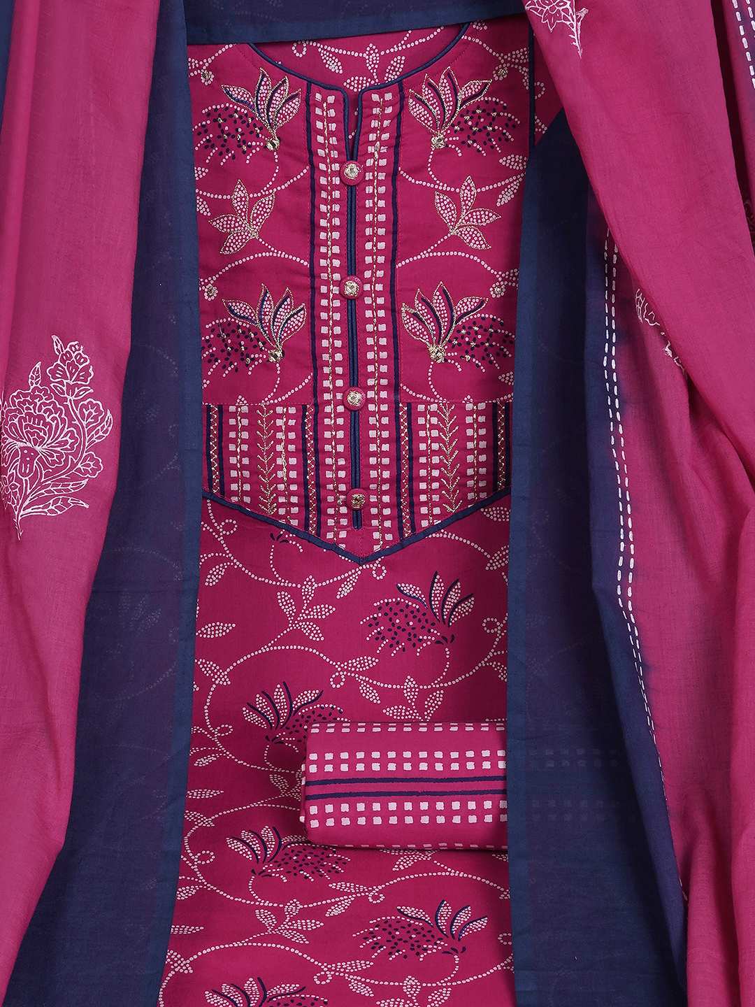 3-piece printed kurta set paired with printed bottoms and a beautifully block-printed mul dupatta.(Pink)