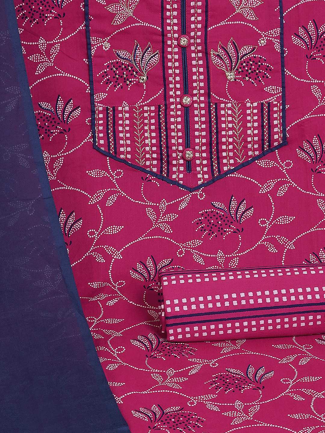 3-piece printed kurta set paired with printed bottoms and a beautifully block-printed mul dupatta.(Pink)