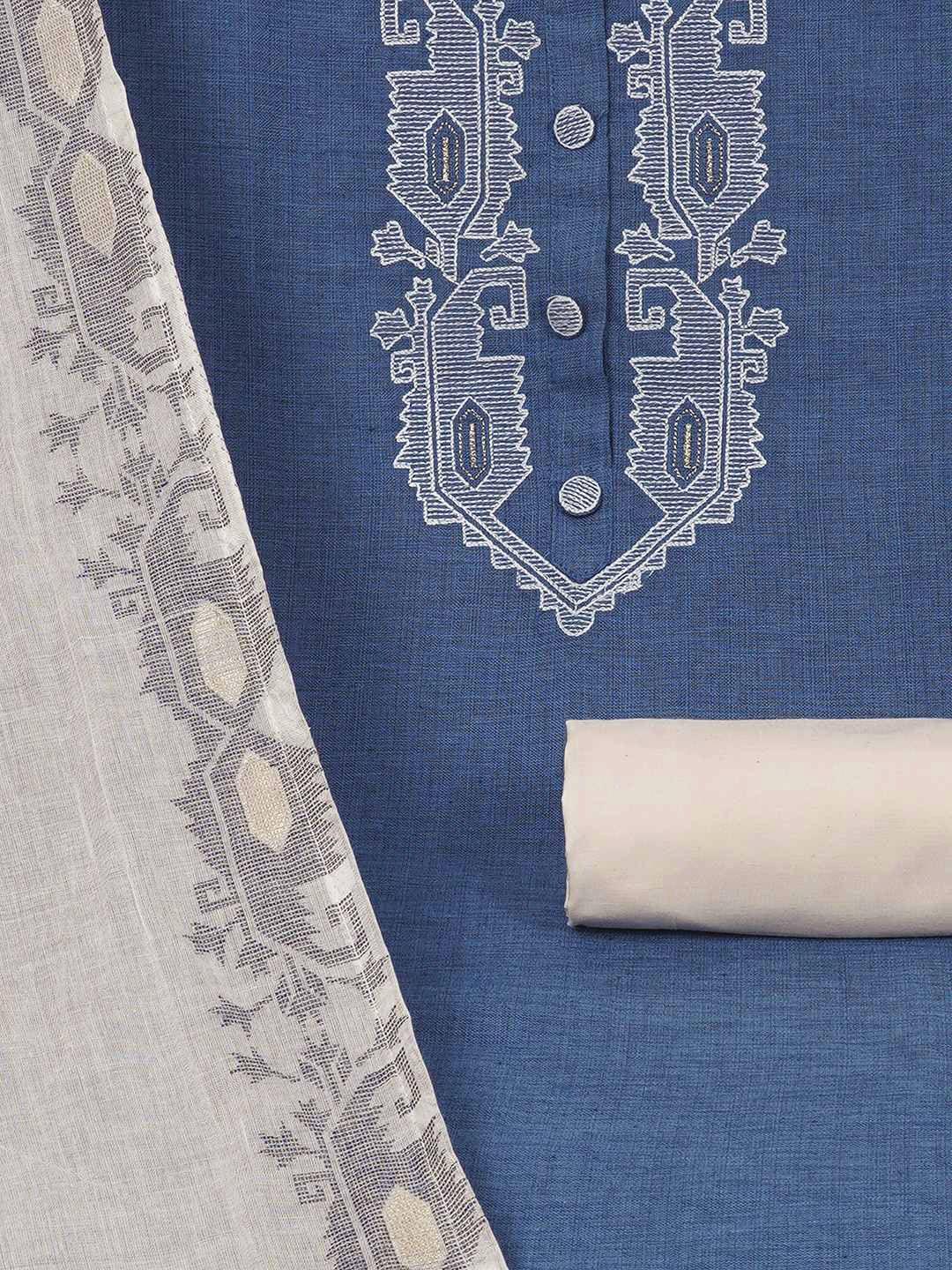 3-piece unstitched set features a blue embroidered top paired with a soft cream dupatta showcasing subtle woven motifs.