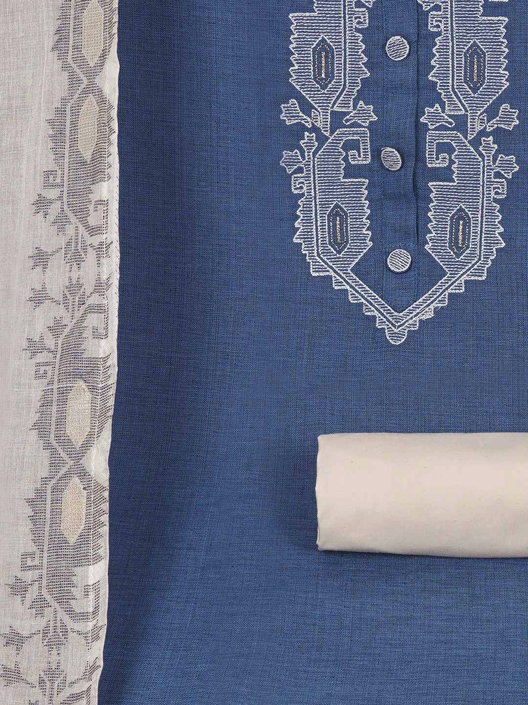 3-piece unstitched set features a blue embroidered top paired with a soft cream dupatta showcasing subtle woven motifs.